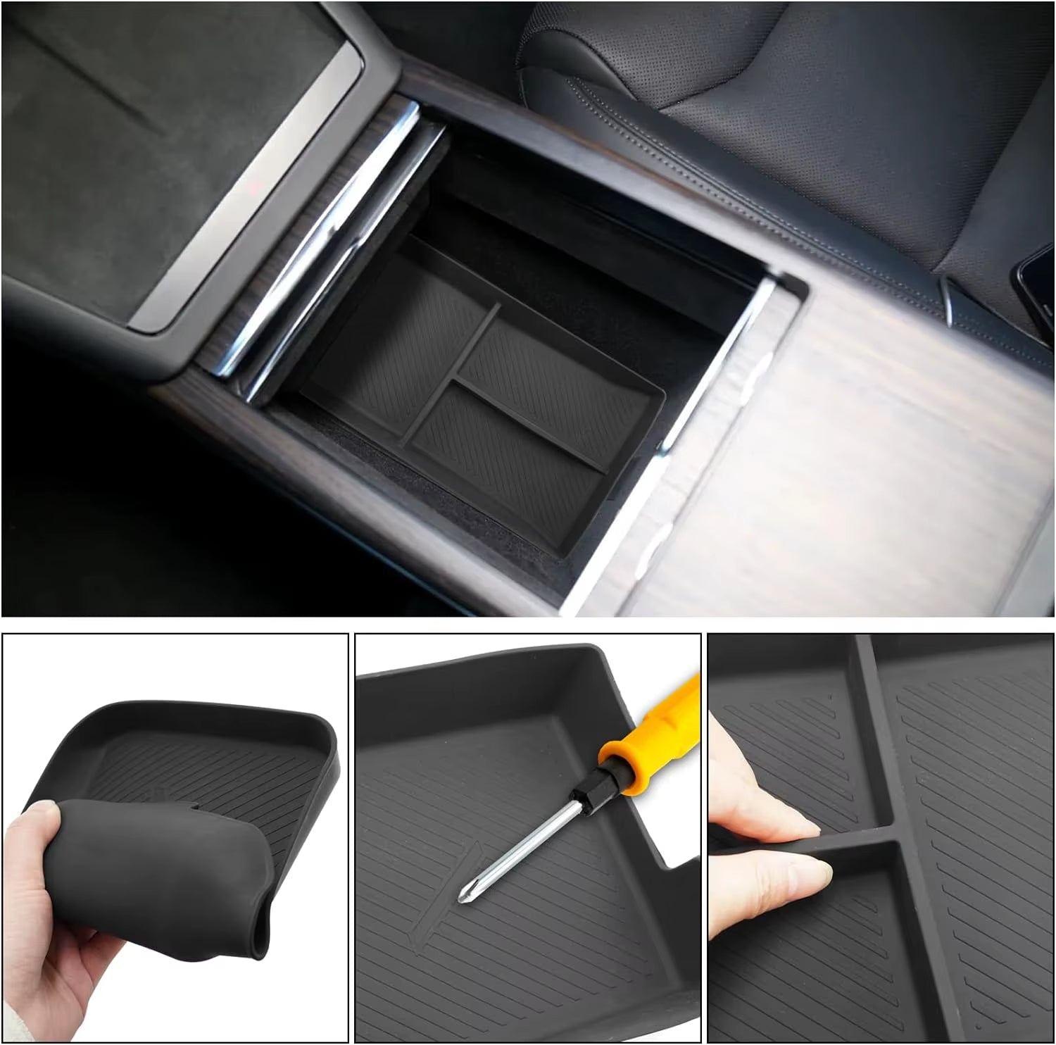 Tesla Model S/X Center Console Organizer 2021-2024, Silicone Console Armrest Storage Box Bottom Tray