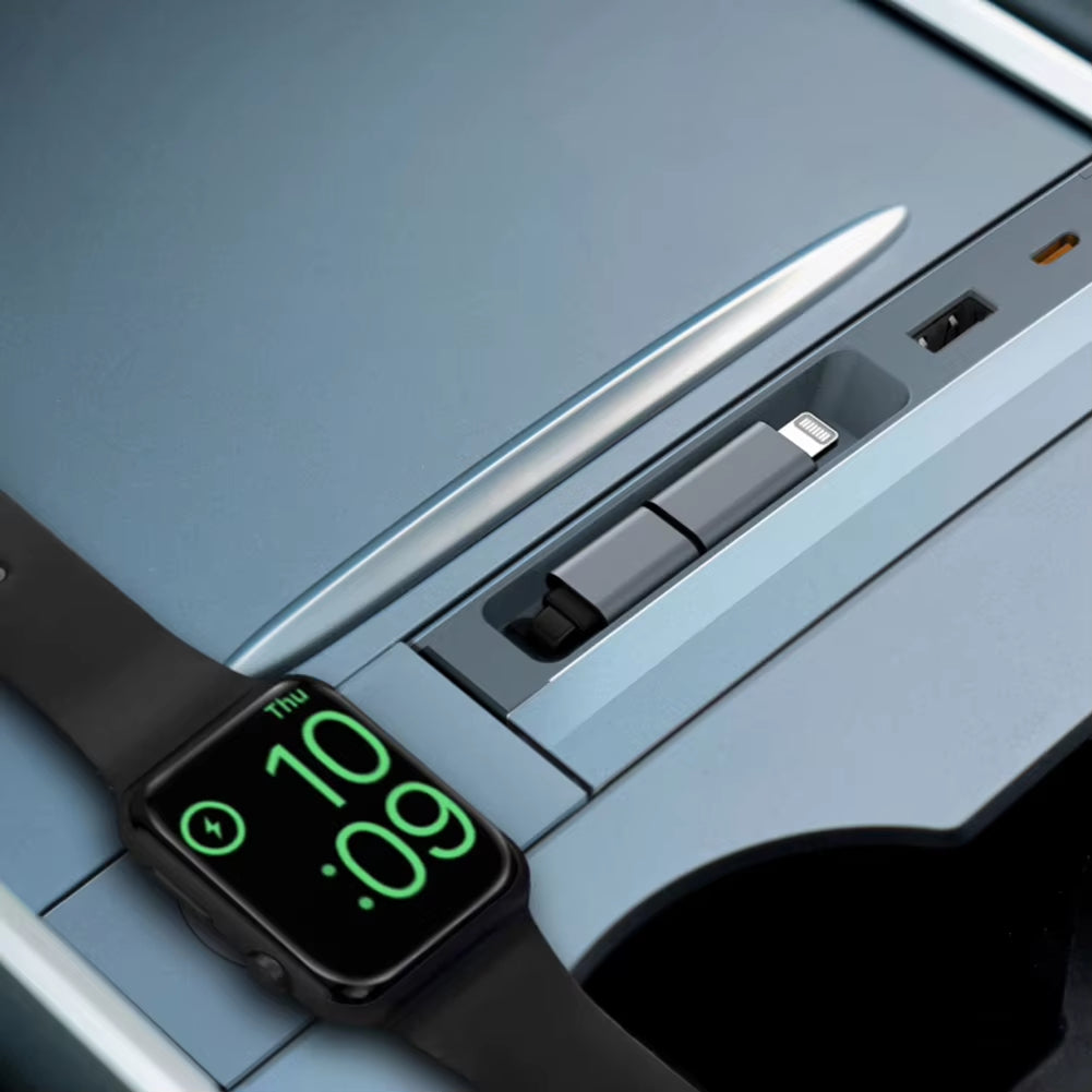 3 in 1 Docking Station w/ Retractable Cable, 2-Port, Wireless Charger Tesla Model 3 21-23 Y 22-24