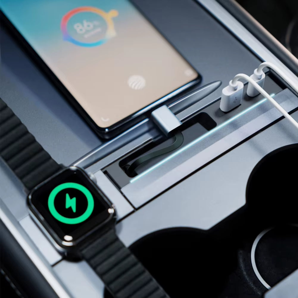 3 in 1 Docking Station w/ Retractable Cable, 2-Port, Wireless Charger Tesla Model 3 21-23 Y 22-24
