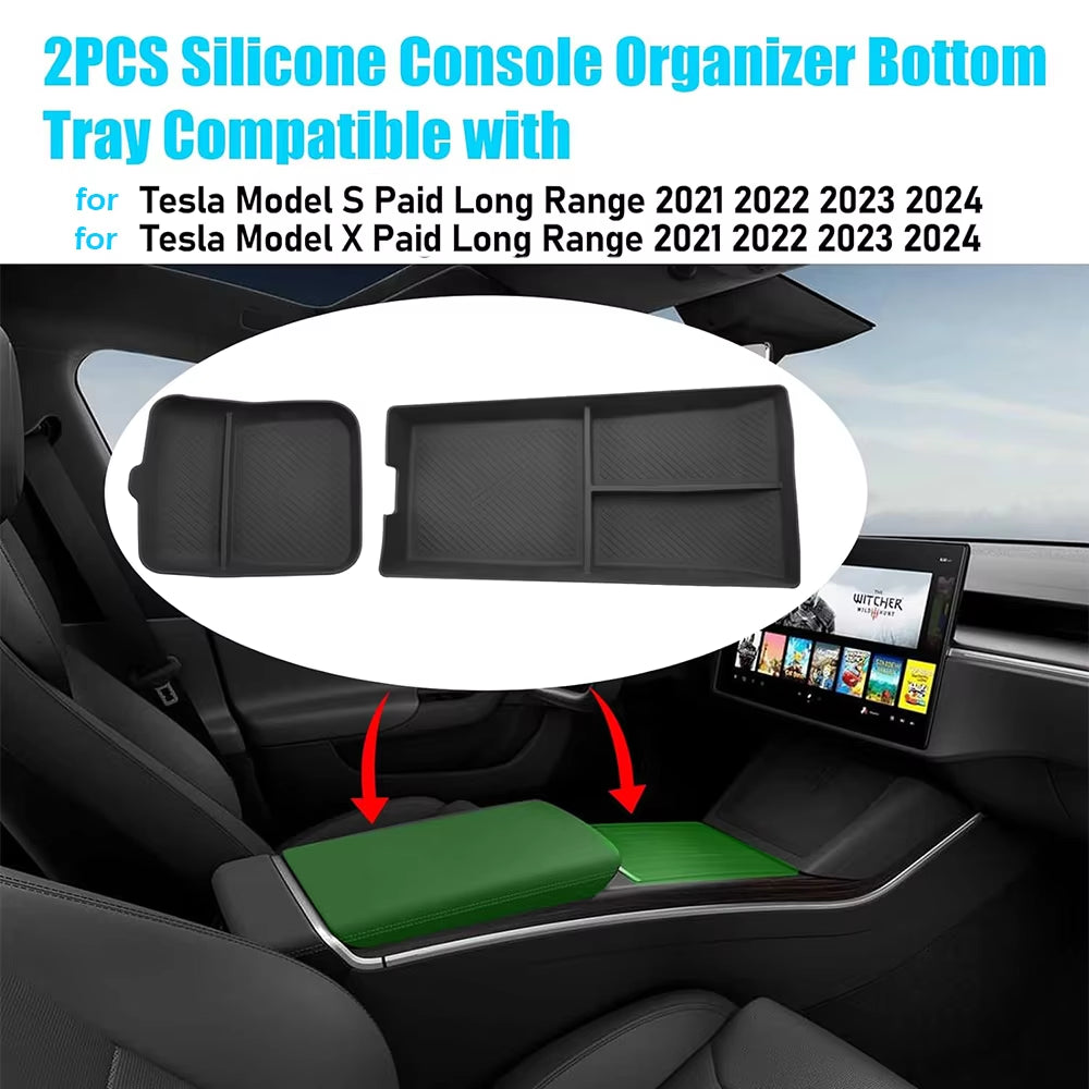 Tesla Model S/X Center Console Organizer 2021-2024, Silicone Console Armrest Storage Box Bottom Tray