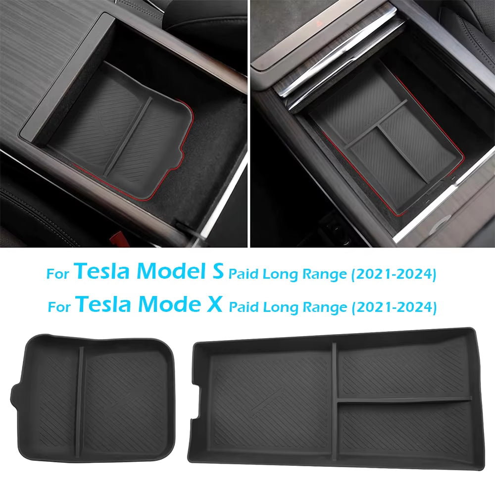 Tesla Model S/X Center Console Organizer 2021-2024, Silicone Console Armrest Storage Box Bottom Tray